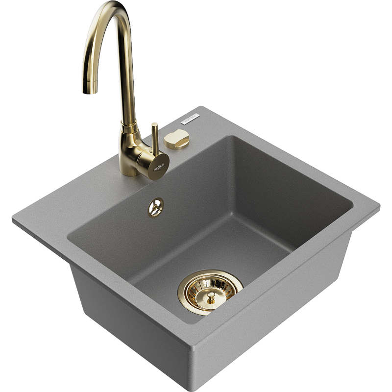 Mexen Milo 1-bowl granite sink with Telma kitchen tap, grey - 6505-71-670200-50