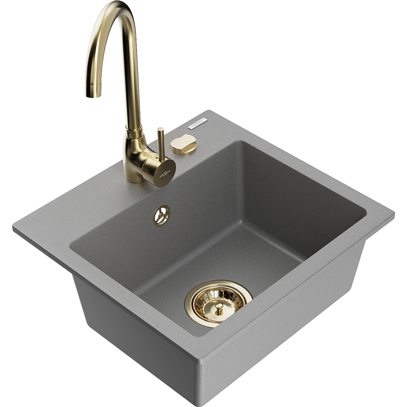 Mexen Milo fregadero de granito de 1 cámara con grifo de cocina Telma, gris - 6505-71-670200-50