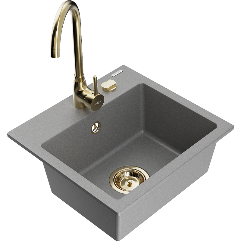 Mexen Milo yksi-allasinen graniittinen pesuallas Telma keittiöhanalla, harmaa - 6505-71-670200-50