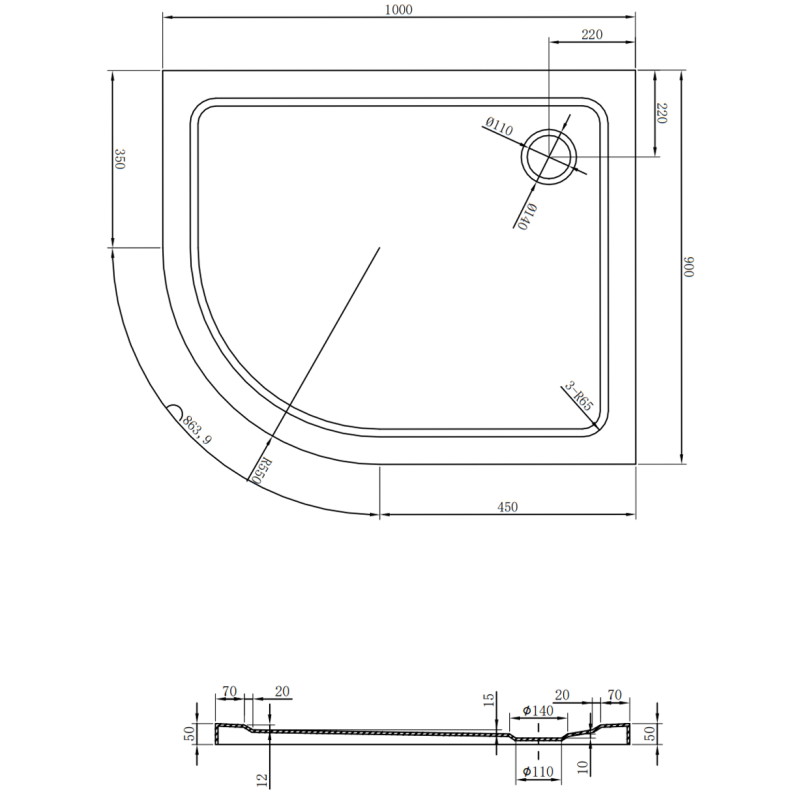 Mexen Flat half ronde douchebak slim rechts 100 x 90 cm, wit, sifon chroom - 41109010P