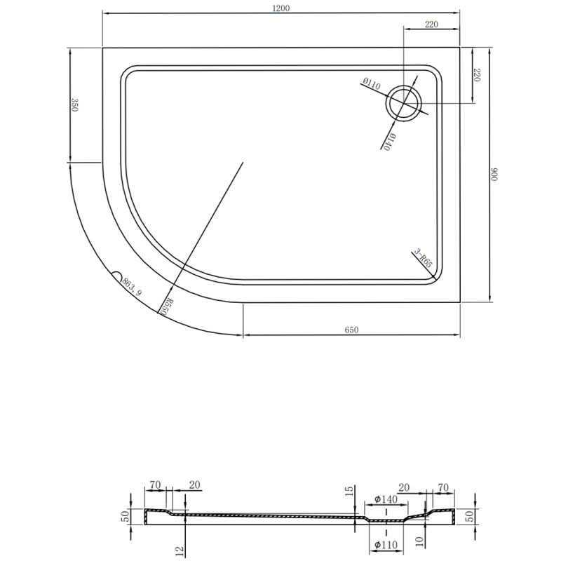 Mexen Flat receveur de douche demi-circulaire slim droit 120 x 90 cm, noir, siphon chromé - 41709012P