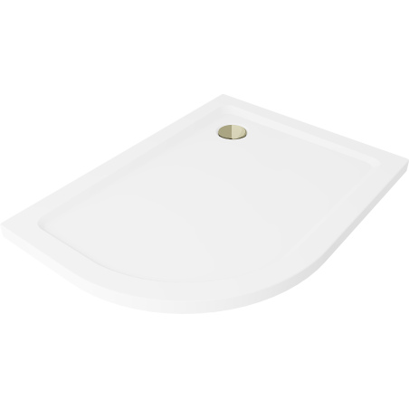 Mexen Flat semi-circular slim right shower tray 90 x 80 cm, white, gold siphon - 41108090P-G