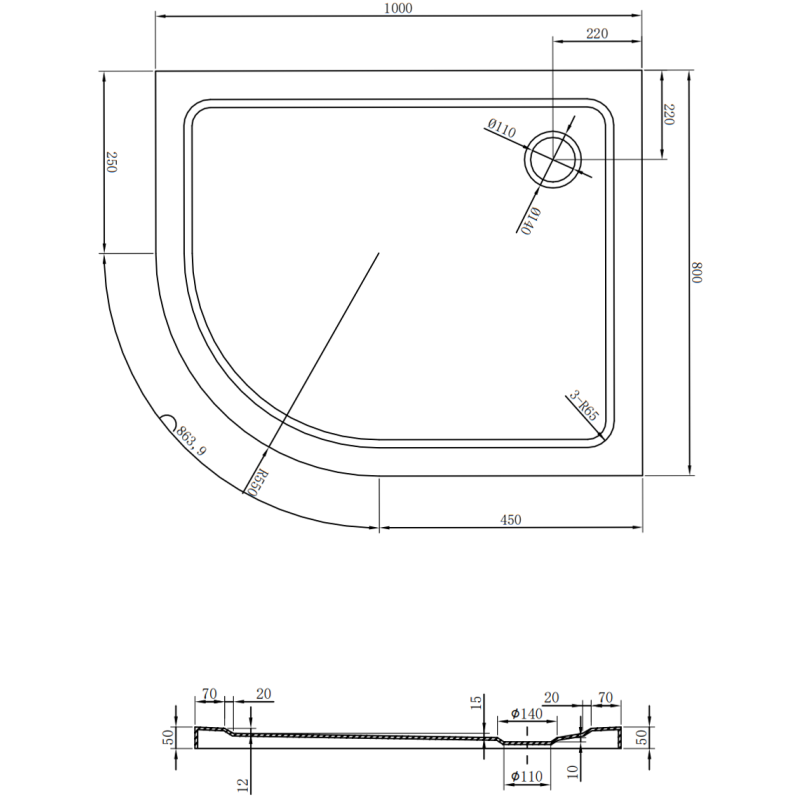 Mexen Flat slim pusapļa dušas bāze labā puse 100 x 80 cm, melna, sifons zeltītais - 41708010P-G