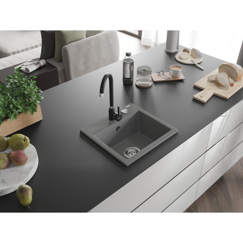 Mexen Milo fregadero de granito de 1 cubeta con grifo de cocina Telma, gris - 6505-71-670200-70