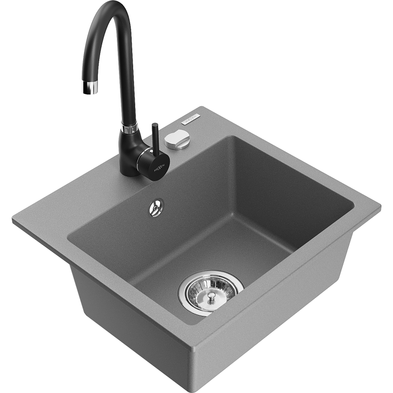 Mexen Milo fregadero de granito de 1 cubeta con grifo de cocina Telma, gris - 6505-71-670200-70