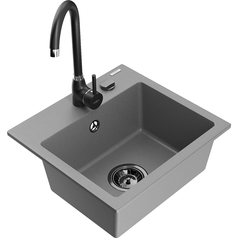 Mexen Milo 1-bowl granite sink with Telma kitchen faucet, gray - 6505-71-670200-70-B
