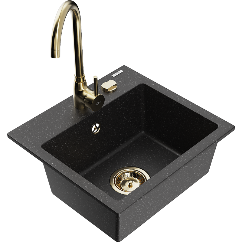 Mexen Milo fregadero de granito de 1 seno con grifo de cocina Telma, negro/plata - 6505-73-670200-50