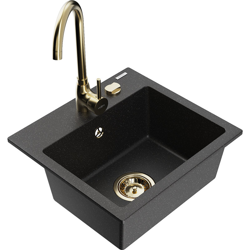 Mexen Milo graniittinen 1-kammioinen keittiöallas hanalla Telma, musta/hopea - 6505-73-670200-50