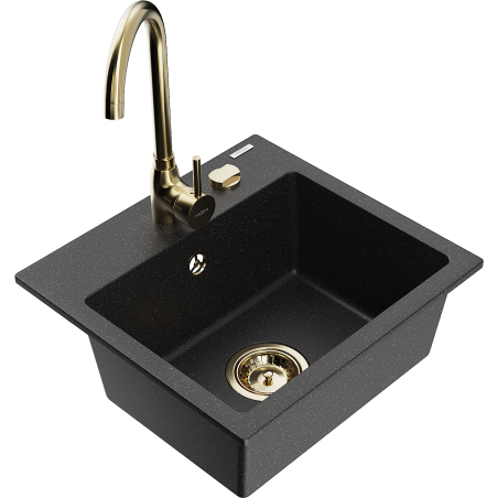 Mexen Milo granite sink 1-bowl with Telma kitchen tap, black/silver - 6505-73-670200-50