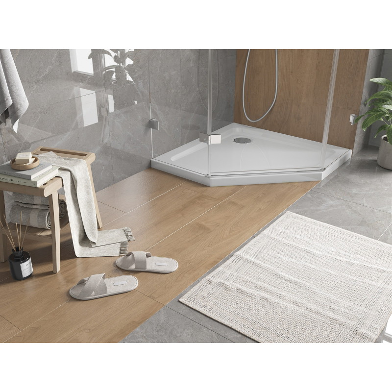 Mexen Flat λεπτή πενταγωνική βάση ντους 80 x 80 cm, λευκό, σιφόνι χρώμιο - 41P108080