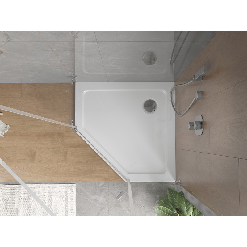 Mexen Flat plato de ducha pentagonal slim 90 x 90 cm, blanco, sifón cromo - 41P109090
