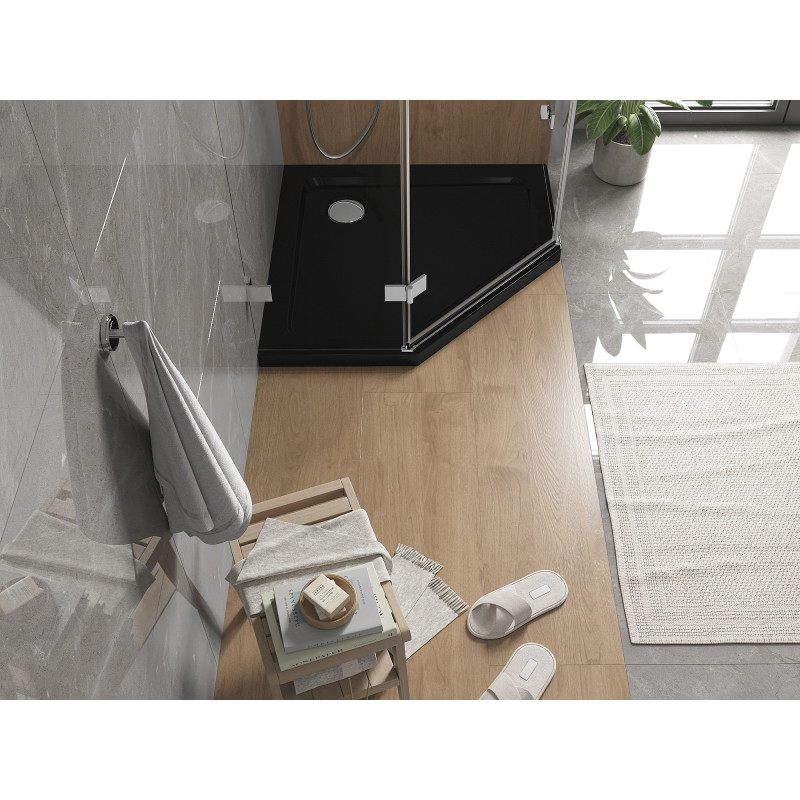 Mexen Flat plato de ducha pentagonal slim 80 x 80 cm, negro, sifón cromo - 41P708080