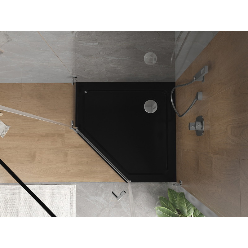 Mexen Flat plato de ducha pentagonal slim 100 x 100 cm, negro, sifón cromo - 41P701010