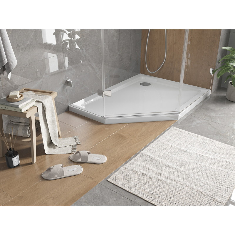 Mexen Flat πενταγωνικό ντους slim δεξί 90 x 80 cm, λευκό, σιφόνι χρώμιο - 41P108090R