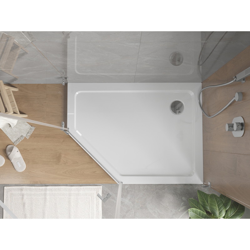 Mexen Flat vijfhoekige douchebak slim rechts 90 x 80 cm, wit, sifon chroom - 41P108090R