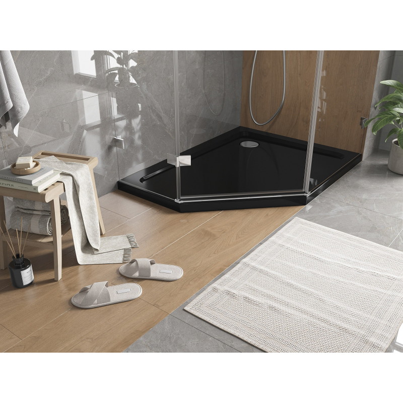 Mexen Flat κοντοί τοίχοι πενταγωνικό slim δεξί 100 x 80 cm, μαύρο, σιφόνι χρωμίου