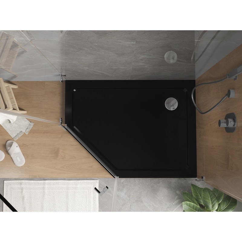 Mexen Flat plato de ducha pentagonal slim derecho 100 x 80 cm, negro, sifón cromo - 41P708010R