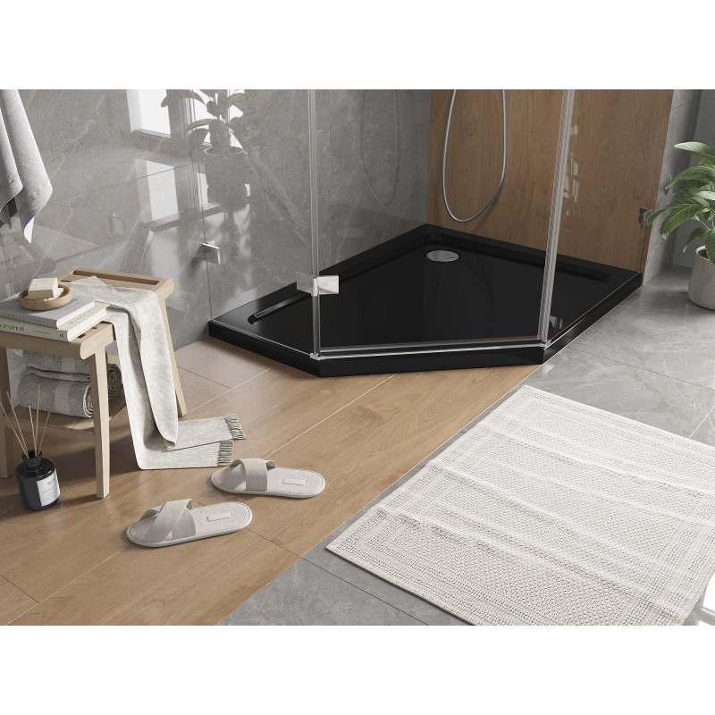 Mexen Flat brodzik pięciokątny slim prawy 100 x 90 cm, czarny, syfon chrom - 41P709010R