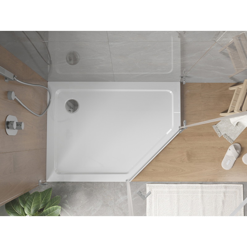 Mexen Flat πενταγωνικό ντους slim αριστερό 100 x 90 cm, λευκό, σιφόνι χρωμέ - 41P109010L