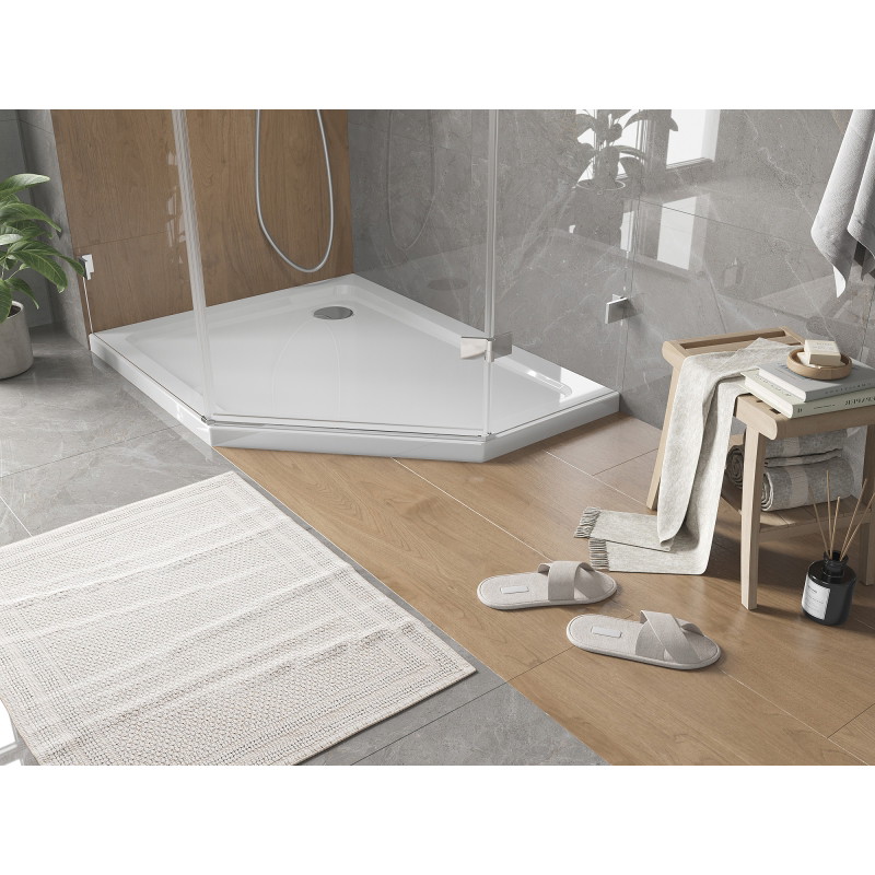 Mexen Flat plato de ducha pentagonal slim izquierdo 100 x 90 cm, blanco, sifón cromado - 41P109010L