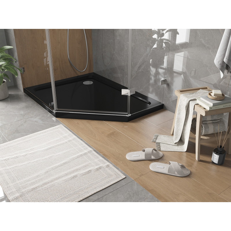 Mexen Flat receveur de douche pentagonal slim gauche 100 x 80 cm, noir, siphon chromé - 41P708010L