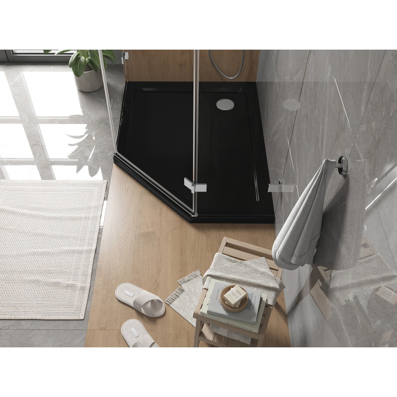 Mexen Flat λεπτή αριστερή πενταγωνική ντουζιέρα 100 x 80 cm, μαύρη, σιφόνι