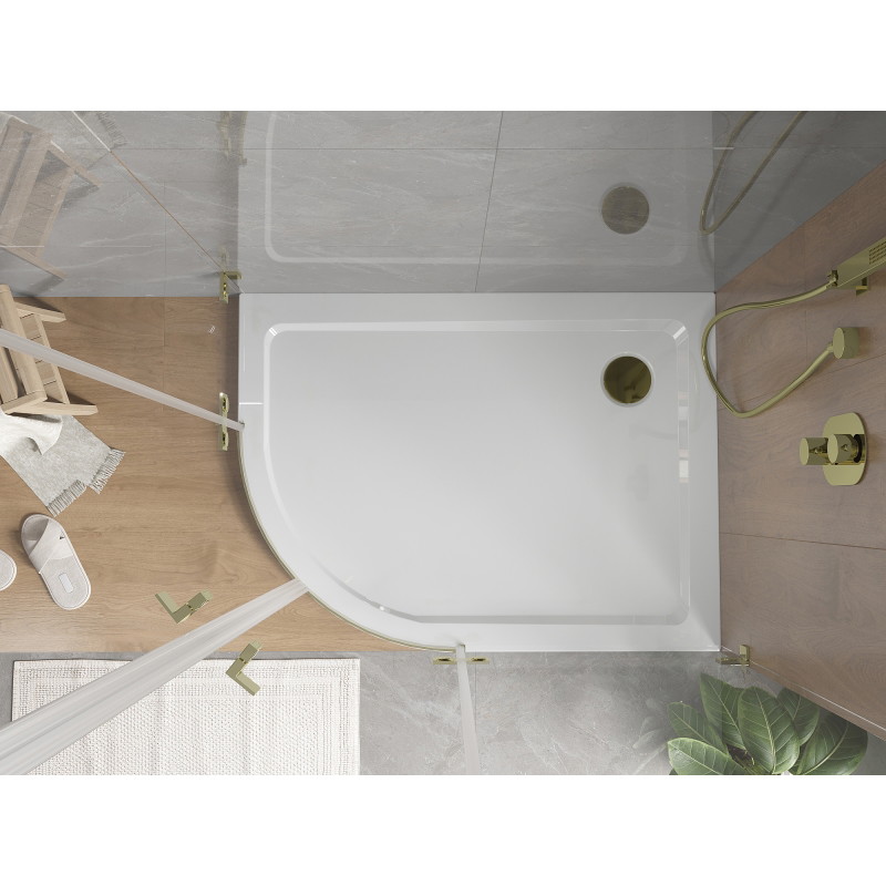 Mexen Flat plato de ducha semicircular slim derecho 90 x 80 cm, blanco, sifón dorado - 41108090P-G