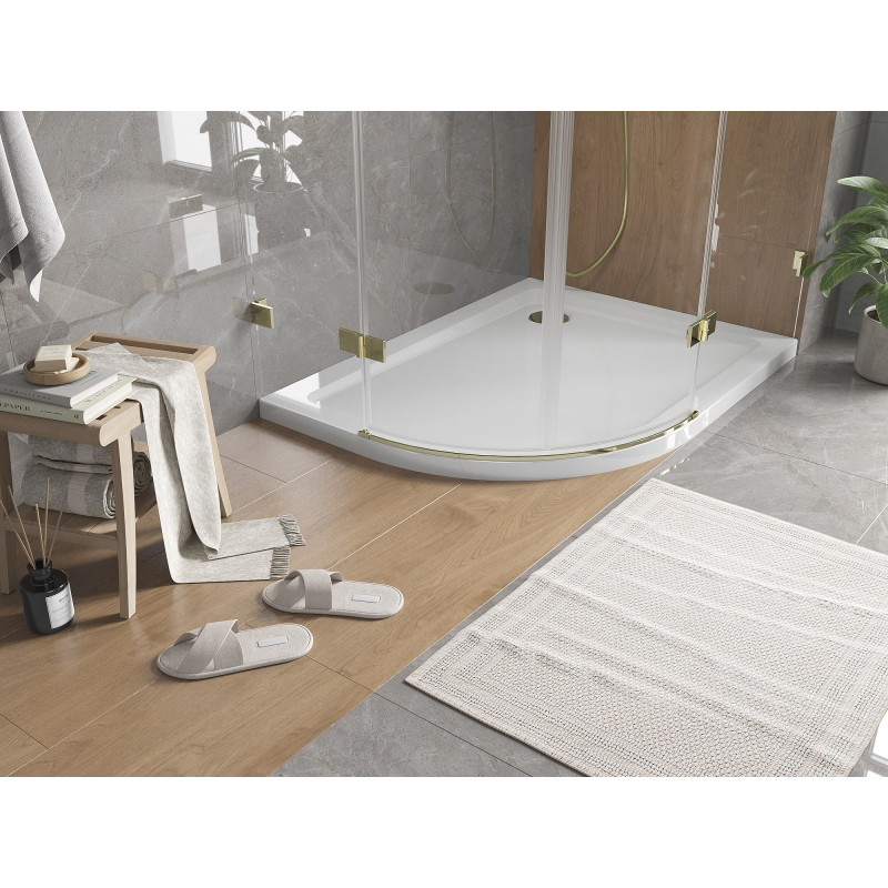 Mexen Flat halvrund slim duschkar höger 90 x 80 cm, vit, guld avlopp - 41108090P-G