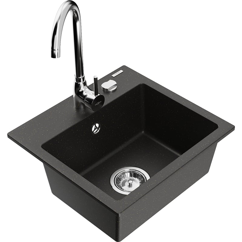 Mexen Milo 1-bowl granite sink with Telma kitchen faucet, black/gold - 6505-75-670200-00