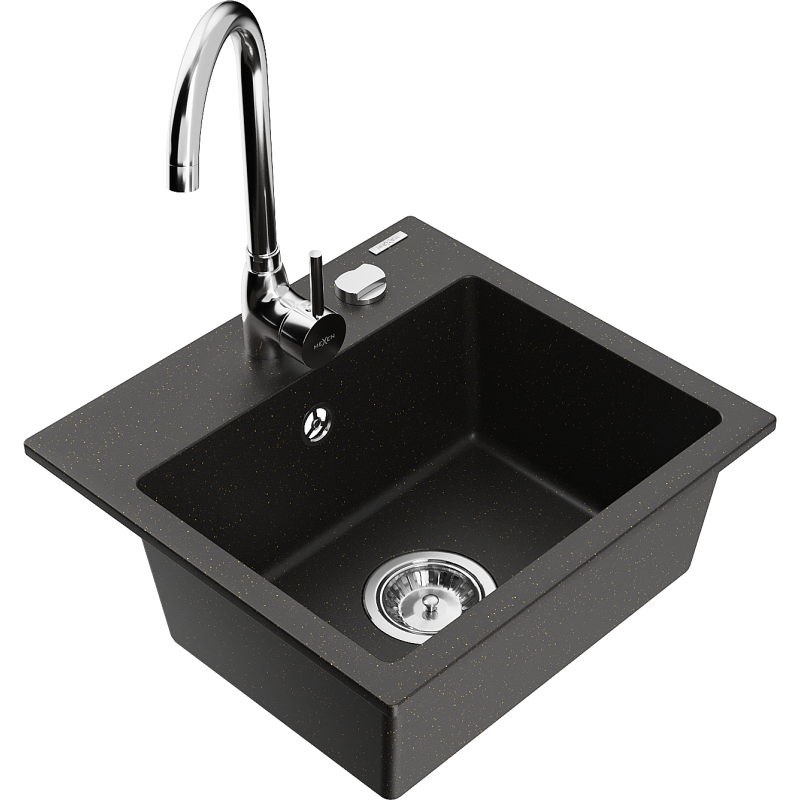 Mexen Milo lava-loiça de granito de 1 bacia com torneira de cozinha Telma, preto/dourado - 6505-75-670200-00