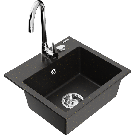 Mexen Milo 1-bowl granite sink with Telma kitchen faucet, black/gold - 6505-75-670200-00