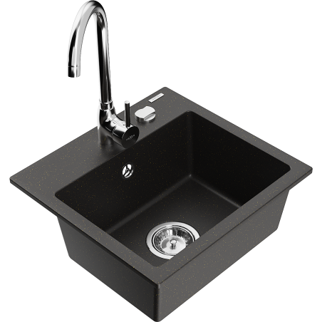 Mexen Milo lavello da cucina in granito a 1 vasca con rubinetto Telma, nero/oro - 6505-75-670200-00