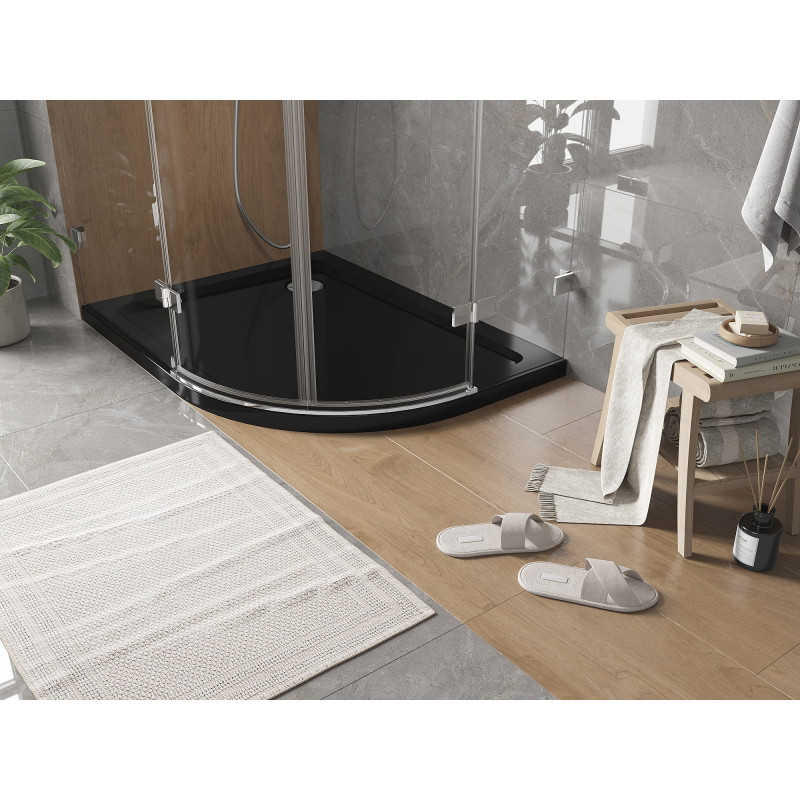 Mexen Flat ducha semicircular slim izquierdo 90 x 80 cm, negro, desagüe cromado - 41708090L