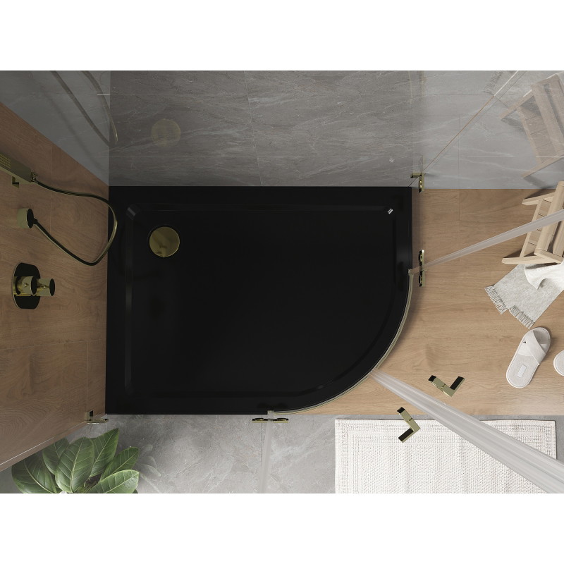Mexen Flat plato de ducha semicircular slim izquierdo 90 x 80 cm, negro, sifón dorado - 41708090L-G