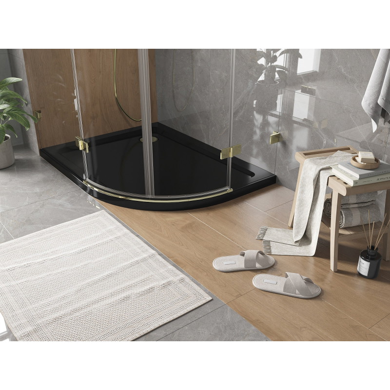 Mexen Flat piatto doccia semicircolare slim sinistro 90 x 80 cm, nero, sifone oro - 41708090L-G