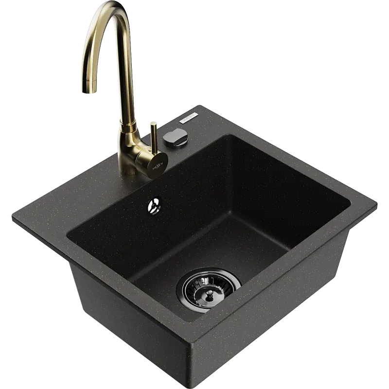 Mexen Milo évier en granit 1 bac avec robinet de cuisine Telma, noir/or - 6505-75-670200-50-B