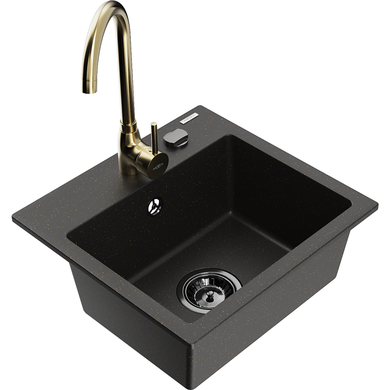 Mexen Milo graniittinen 1-allas tiskiallas keittiöhanalla Telma, musta/kulta - 6505-75-670200-50-B