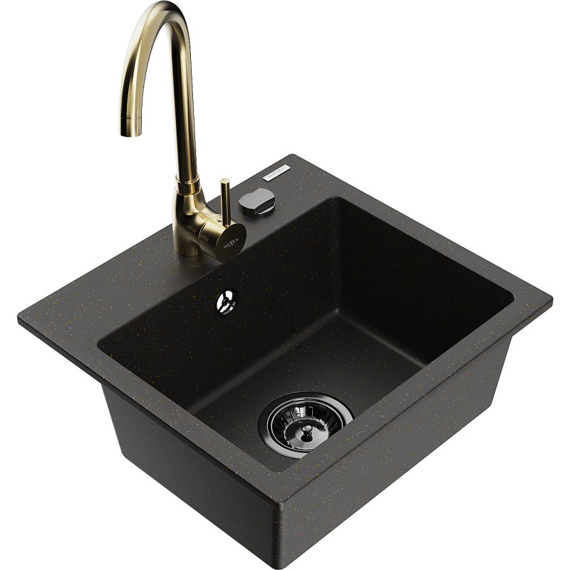 Mexen Milo granite sink 1-chamber with Telma kitchen tap, black/gold - 6505-75-670200-50-B