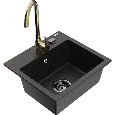Mexen Milo évier en granit 1 bac avec robinet de cuisine Telma, noir/or - 6505-75-670200-50-B