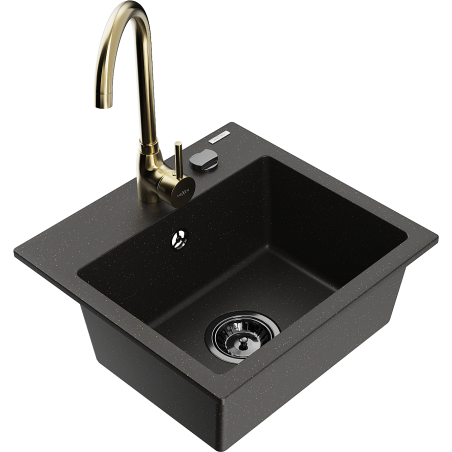 Mexen Milo granitspüle 1-becken mit küchenarmatur Telma, schwarz/gold - 6505-75-670200-50-B