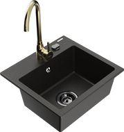 Mexen Milo fregadero de granito de 1 cuenca con grifo de cocina Telma, negro/dorado - 6505-75-670200-50-B