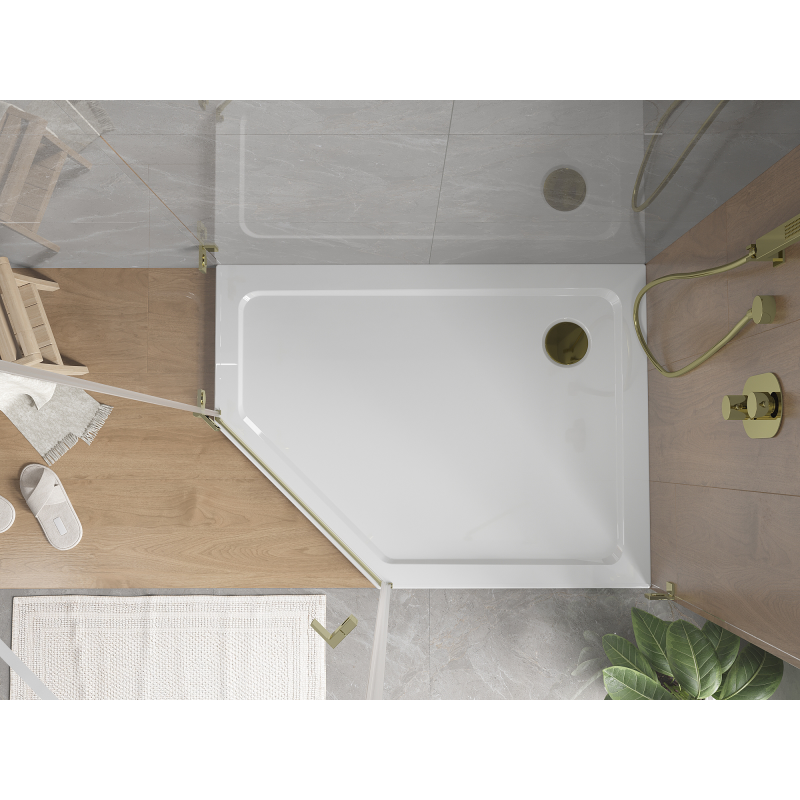 Mexen Flat brodzik pięciokątny slim prawy 90 x 80 cm, biały, syfon złoty - 41P108090R-G