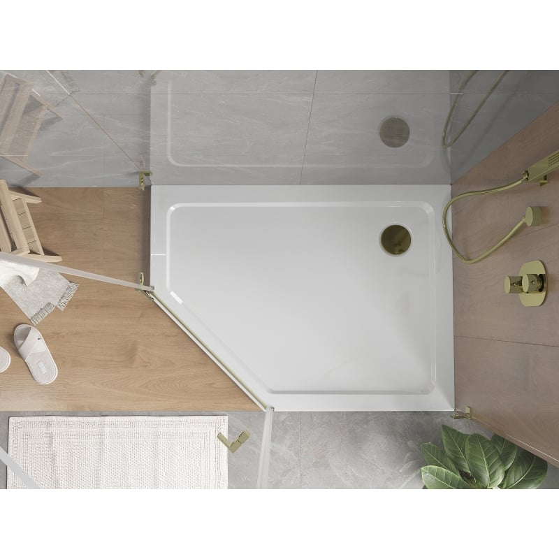 Mexen Flat plato de ducha pentagonal slim derecho 90 x 80 cm, blanco, sifón dorado - 41P108090R-G
