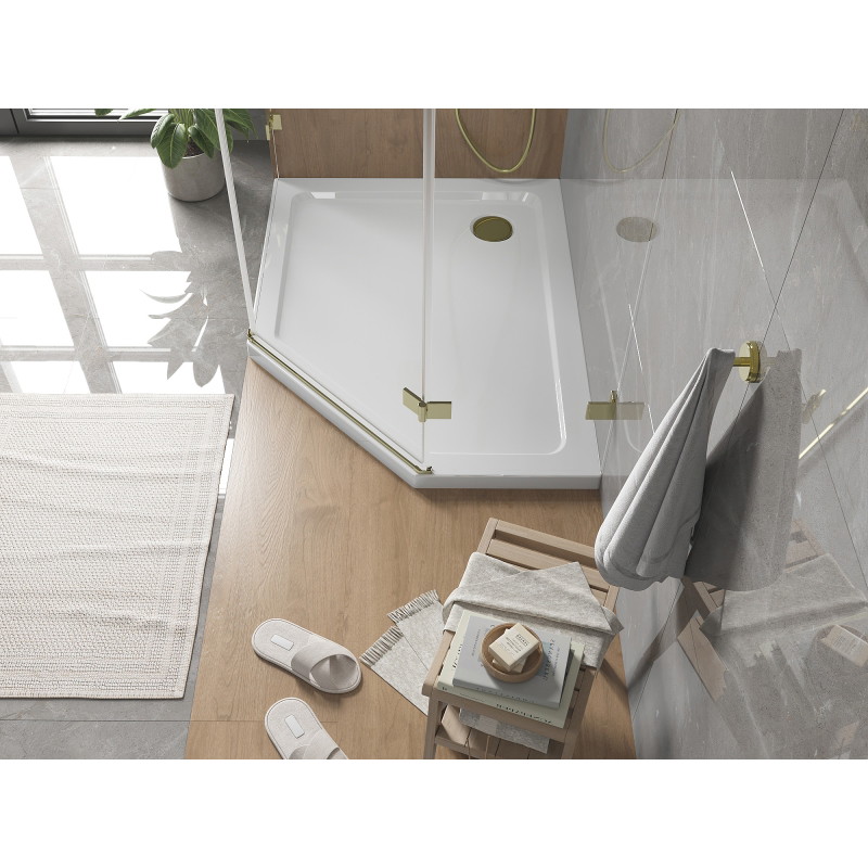 Mexen Flat pentagonāls dušas paliktnis slim kreisais 100 x 80 cm, balts, sifons zelta - 41P108010L-G