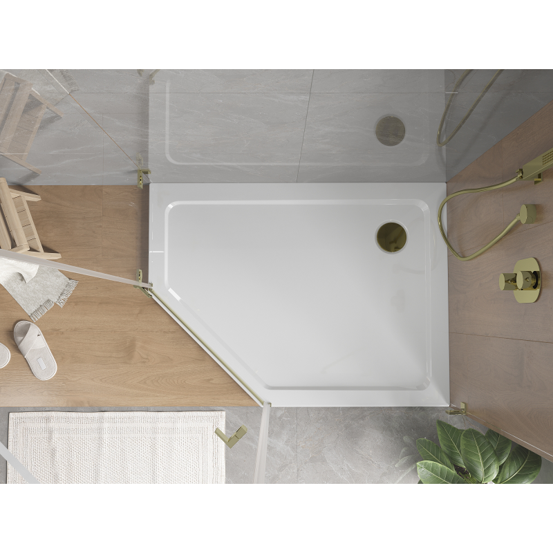 Mexen Flat brodzik pięciokątny slim prawy 100 x 80 cm, biały, syfon złoty - 41P108010R-G