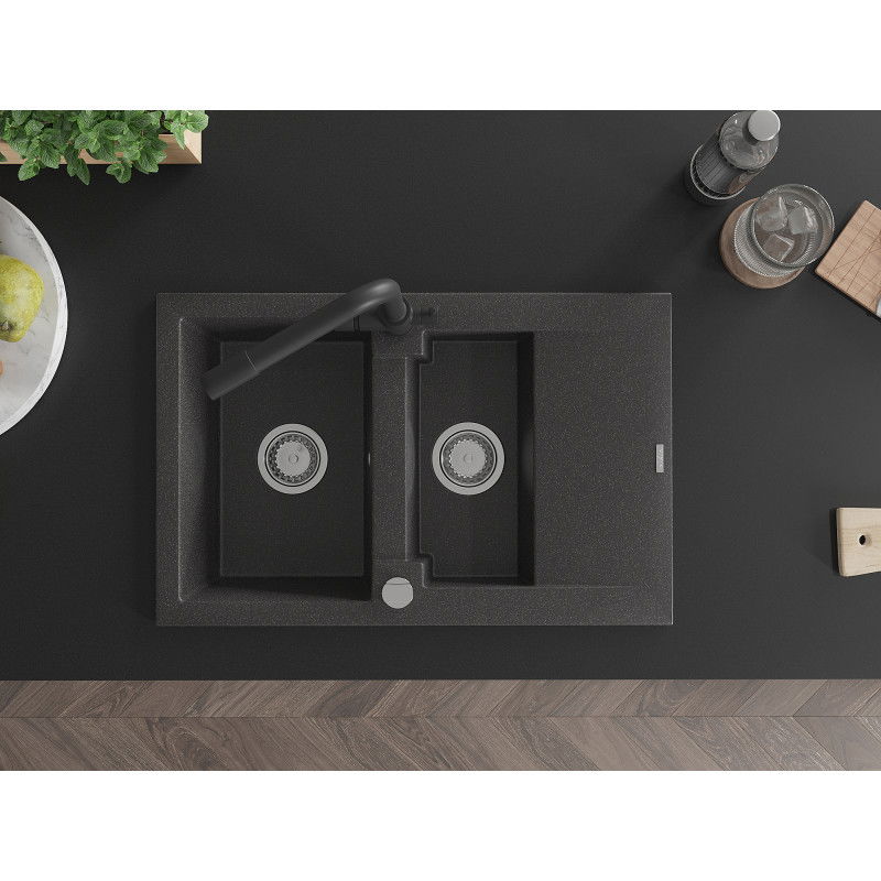 Mexen Gaspar fregadero de granito 1,5 tazones con escurridor y grifo de cocina Duero, negro moteado - 6507-76-671600-70