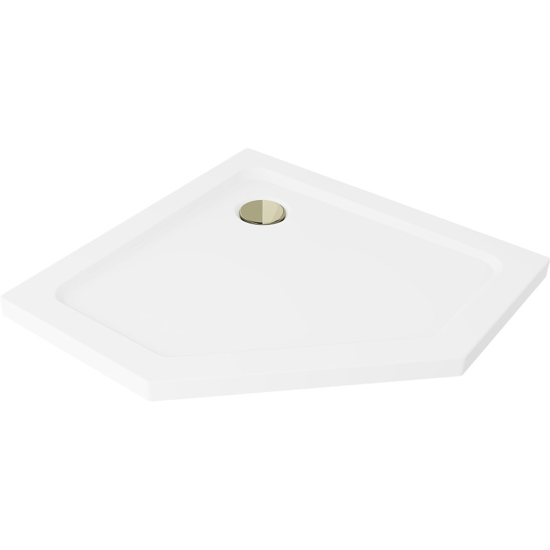 Mexen Flat plato de ducha pentagonal slim 100 x 100 cm, blanco, sifón dorado - 41P101010-G