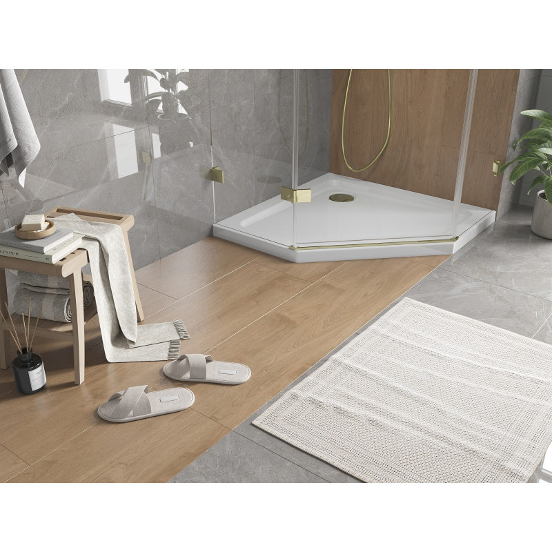 Mexen Flat femkantig slimdusch 100 x 100 cm, vit, gyllene sifon - 41P101010-G