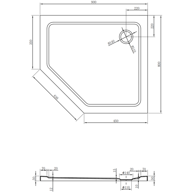 Mexen Flat brodzik pięciokątny slim prawy 90 x 80 cm, czarny, syfon złoty - 41P708090R-G