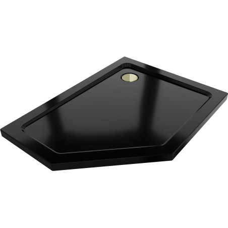 Mexen Flat pentagonal slim shower tray right 90 x 80 cm, black, gold siphon - 41P708090R-G